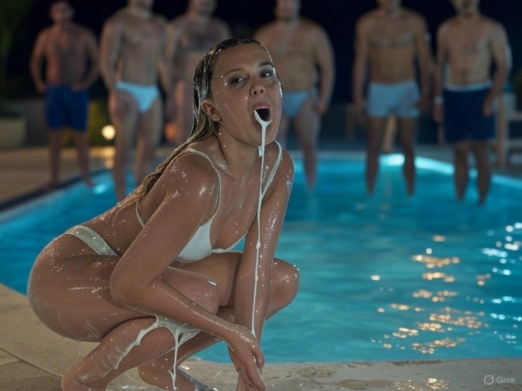 AI Fantasy: Millie Bobby Brown Covered in Bukkake by the Pool 8