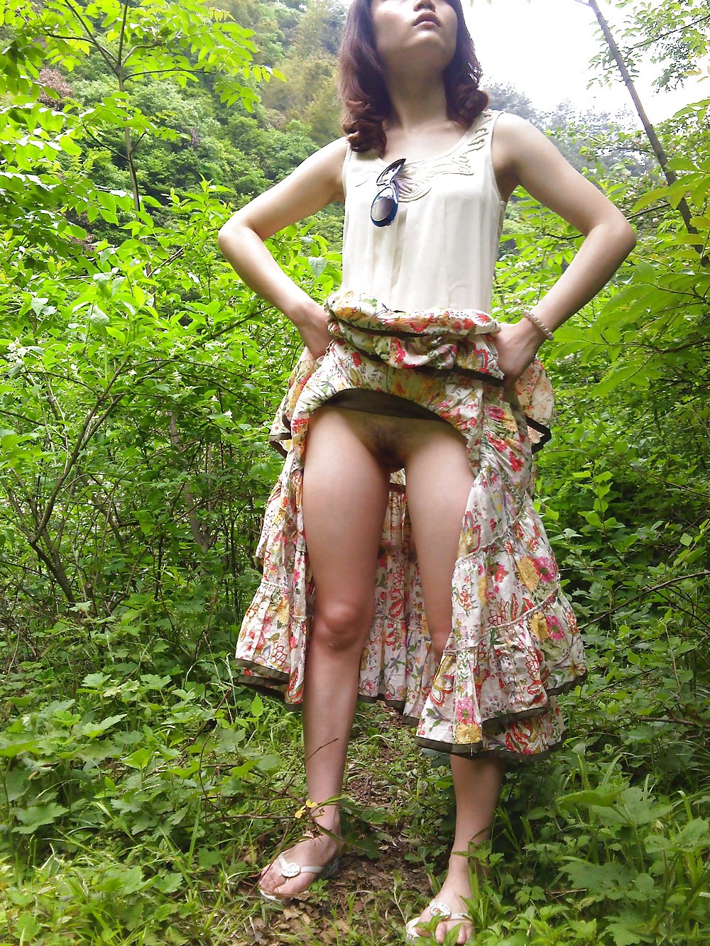 Slutty Asian Wife Showing Her Hairy Pussy Outdoors 3