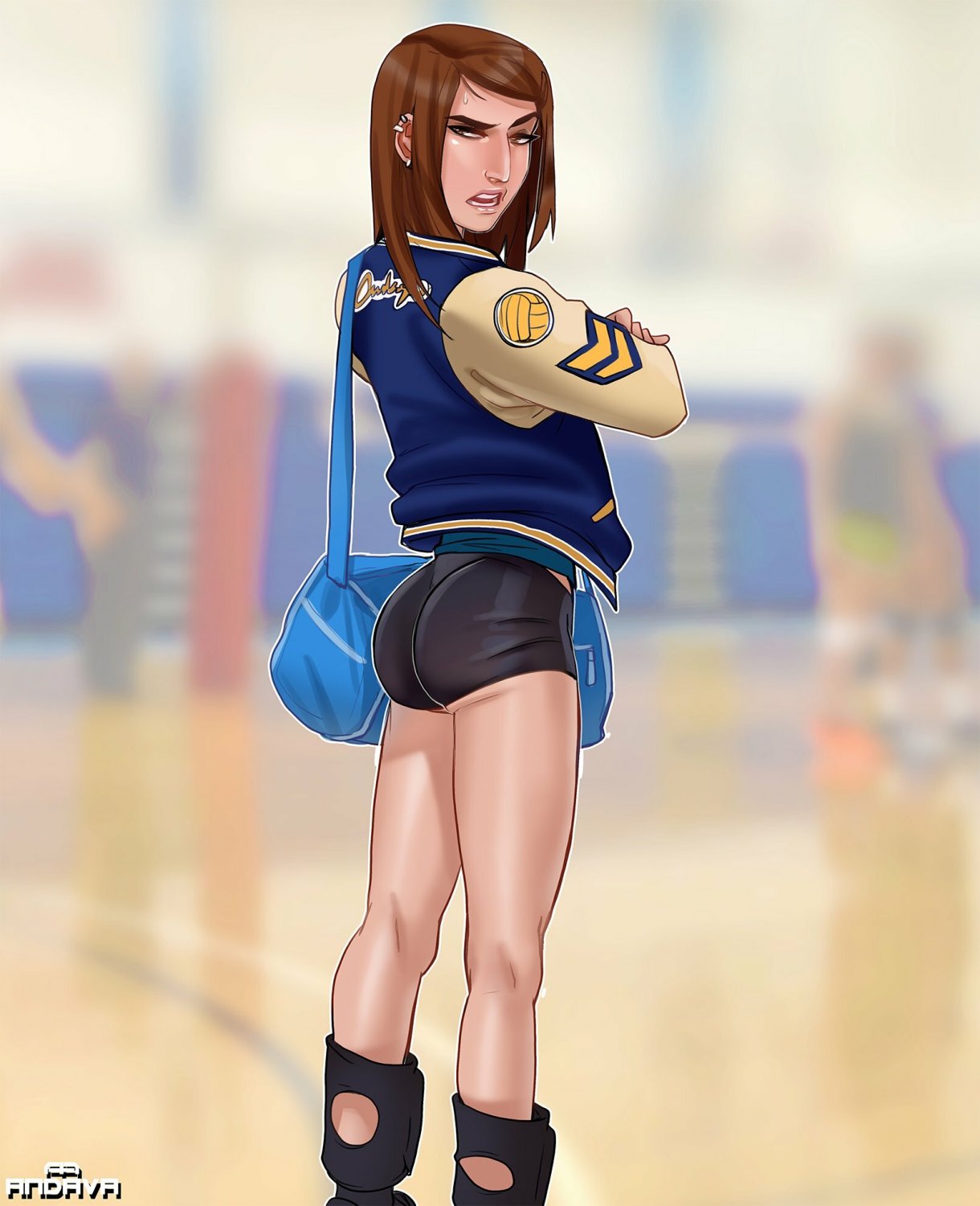 Porno star della pallavolo in cartoni animati che scopa in uniforme 1